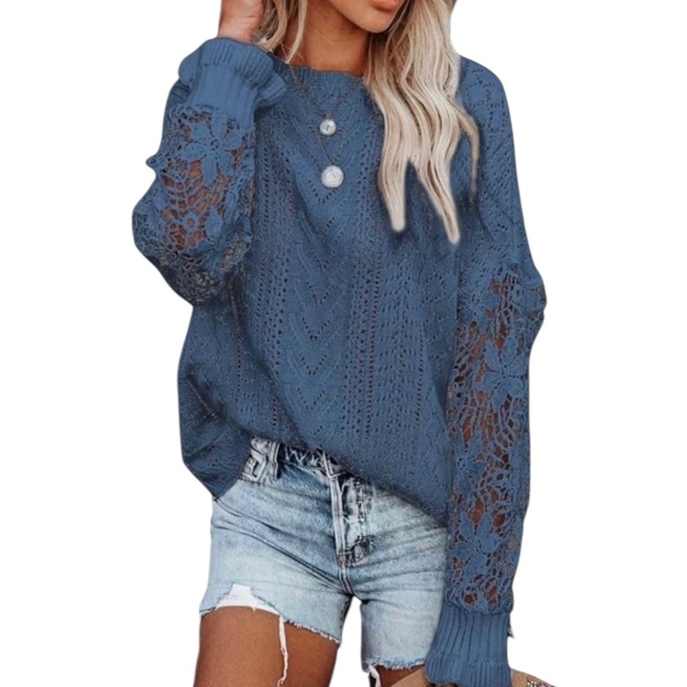 NEW‎ Blue Pointelle Knit Lace Sleeve Sweater Size Small Boho Crochet Pullover